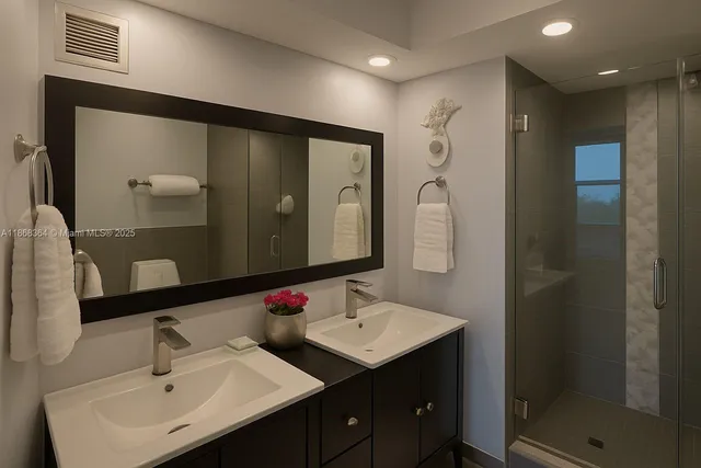 a bathroom with 2 sink and a mirror