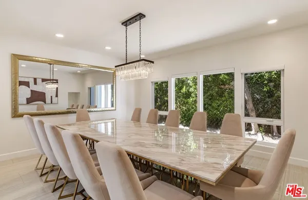 a view of a dining room with furniture window and outside view
