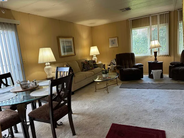 a living room with furniture and a lamp