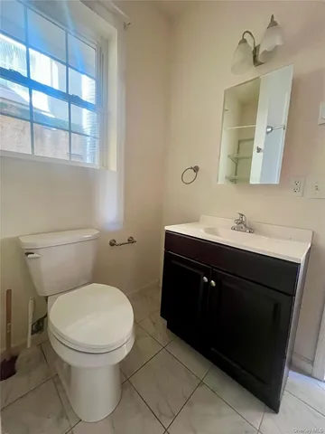 a bathroom with a sink vanity and a toilet