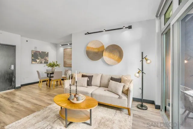 a living room with furniture a rug and a window