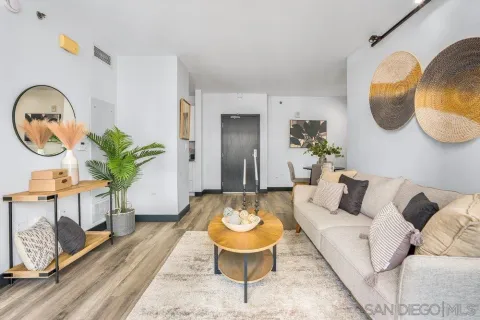 a living room with furniture a mirror and a potted plant