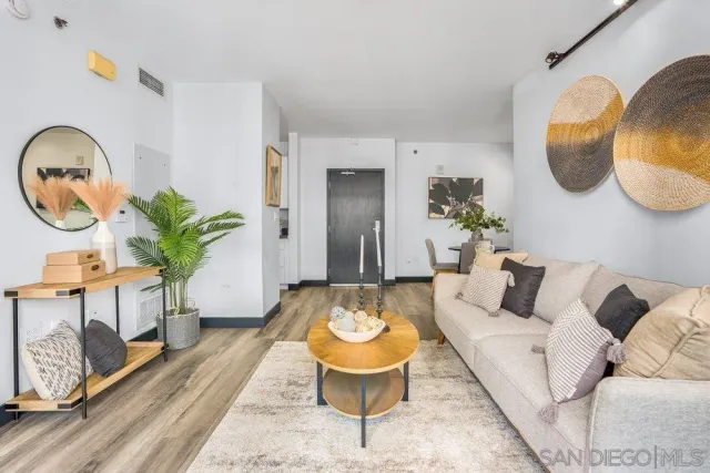 a living room with furniture a mirror and a potted plant