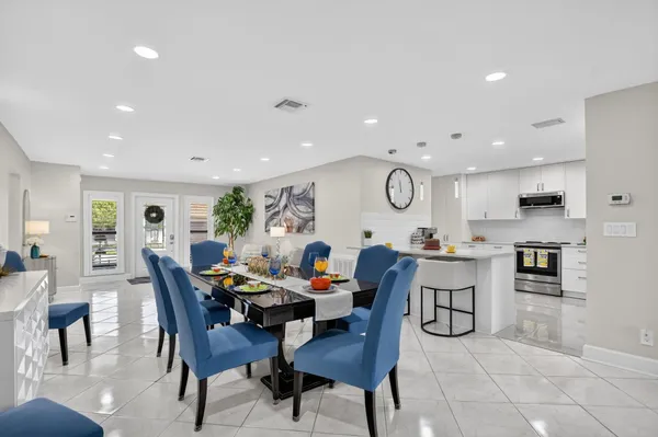 a view of a dining area with furniture
