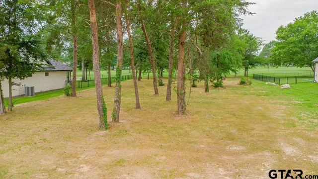 a backyard of a building with trees in the background