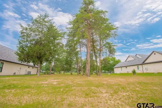 a view of a swimming pool and trees in the background