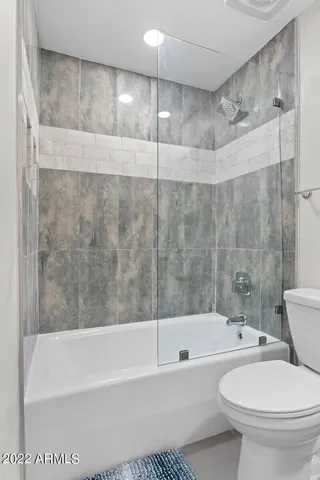 a bathroom with a bathtub and a toilet