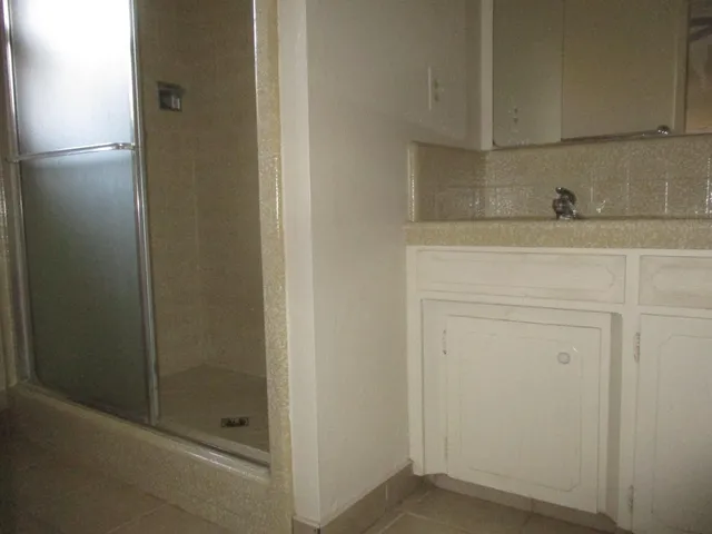 a bathroom with a shower and sink
