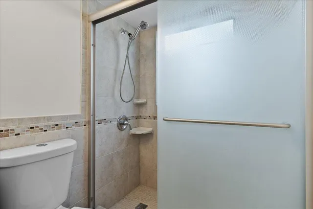 a bathroom with a shower and toilet