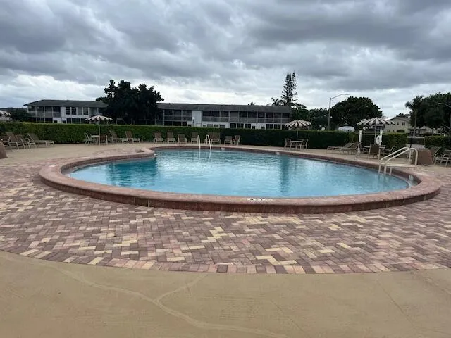 a view of a swimming pool with a yard