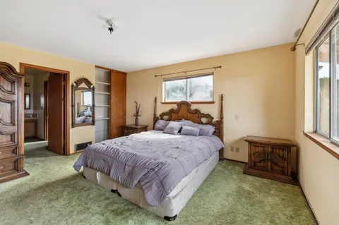 a spacious bedroom with a bed and a cabinets
