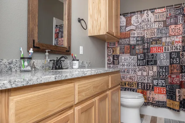 a bathroom with a granite countertop sink a toilet and a shower