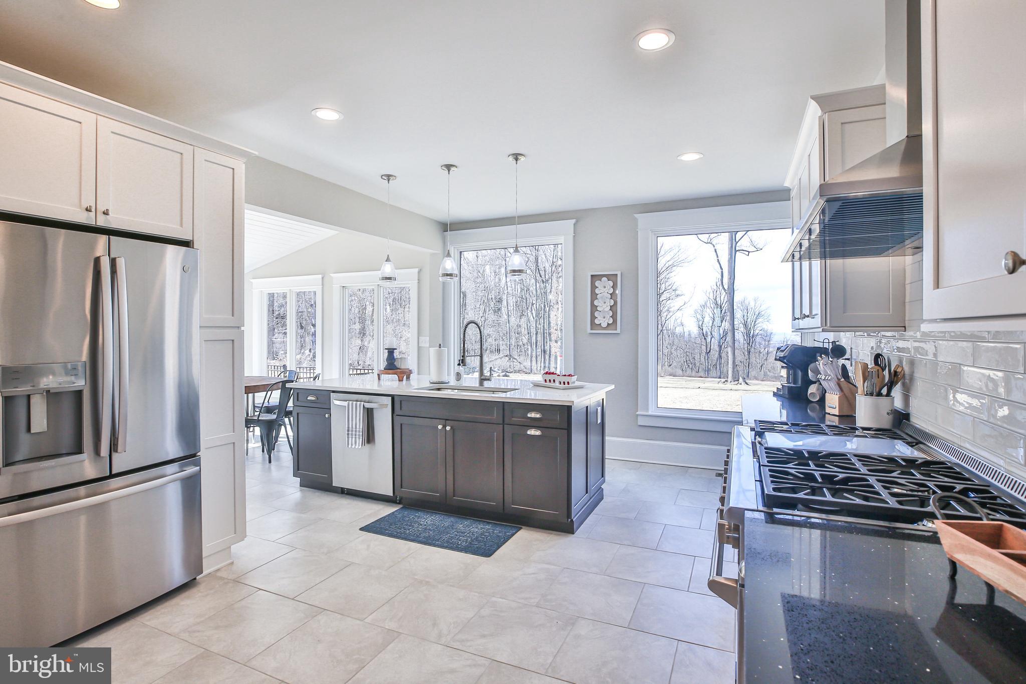 17345 Raven Rocks Road Bluemont, VA 20135 - Photo 27 of 99 a large kitchen with stainless steel appliances granite countertop a stove a sink dishwasher a refrigerator and white cabinets with wooden floor