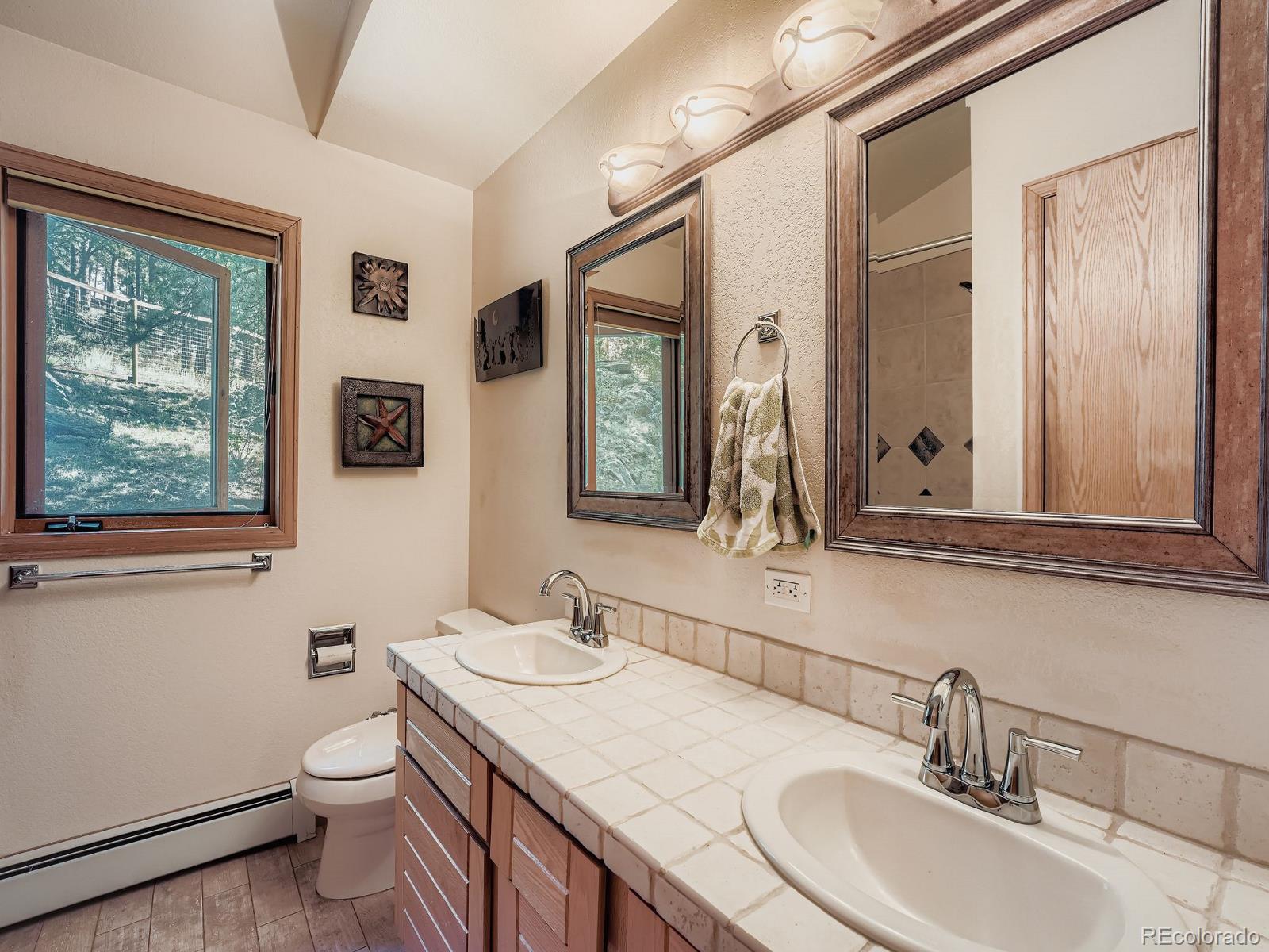 425 Patty Drive Evergreen, CO 80439 - Photo 17 of 43 a bathroom with a toilet a sink a mirror and a window