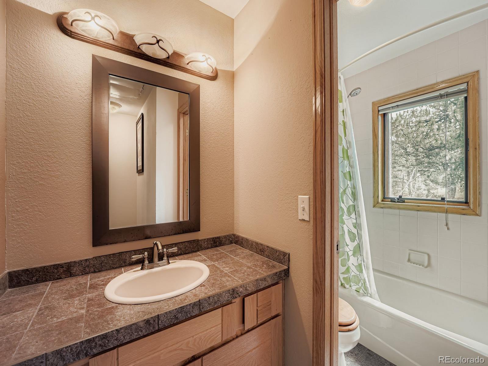 425 Patty Drive Evergreen, CO 80439 - Photo 23 of 43 a bathroom with a granite countertop sink and a mirror