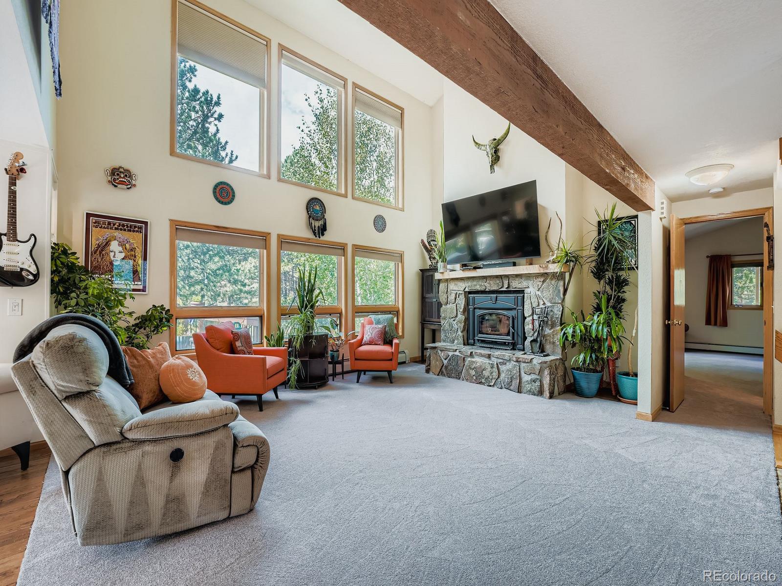 425 Patty Drive Evergreen, CO 80439 - Photo 7 of 43 a living room with furniture fireplace and flat screen tv