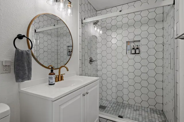 a bathroom with a sink a toilet and a shower