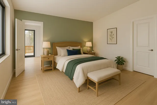 a bedroom with a bed and a table