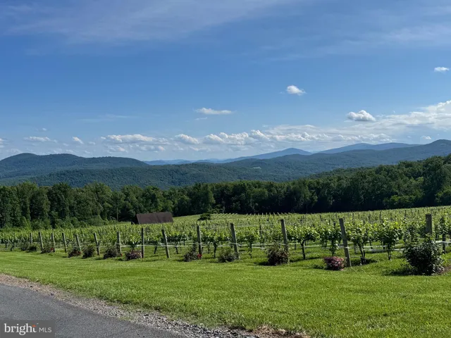a view of a green field with mountains in the background