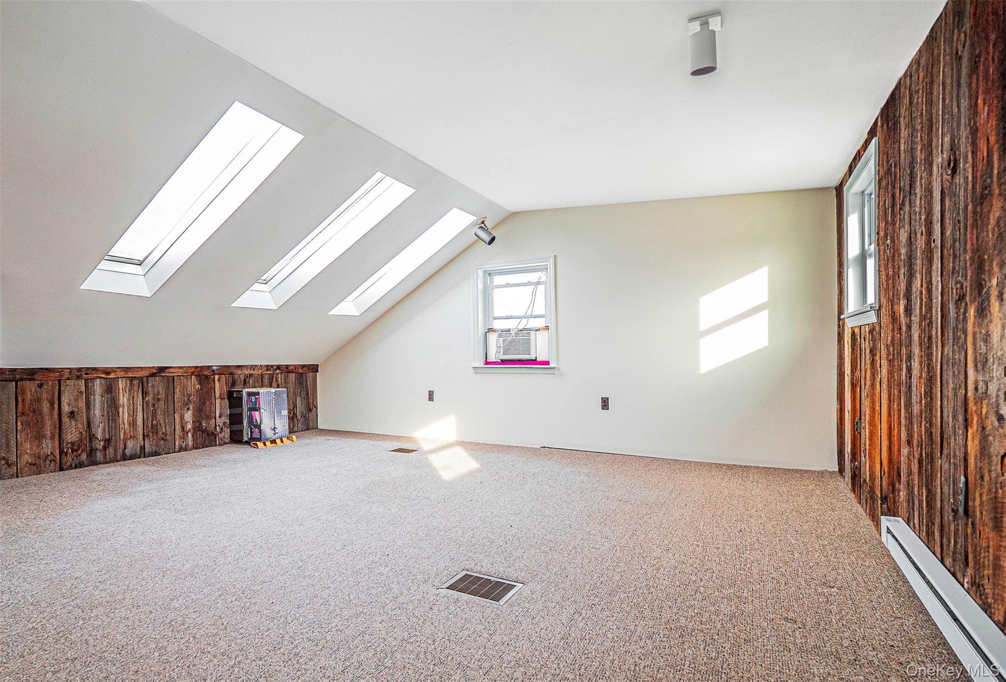 238 South Centerville Road Middletown, NY 10940 - Photo 21 of 30 Bonus room with wooden walls, baseboard heating, lofted ceiling, carpet flooring, and a skylight