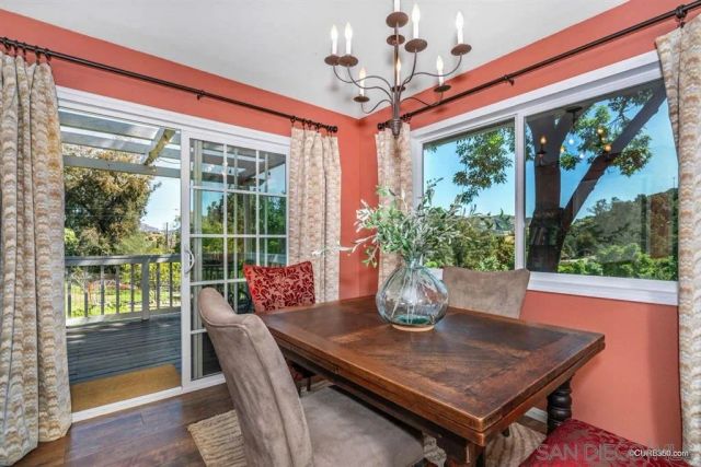 a view of a dining room with furniture window and outside view