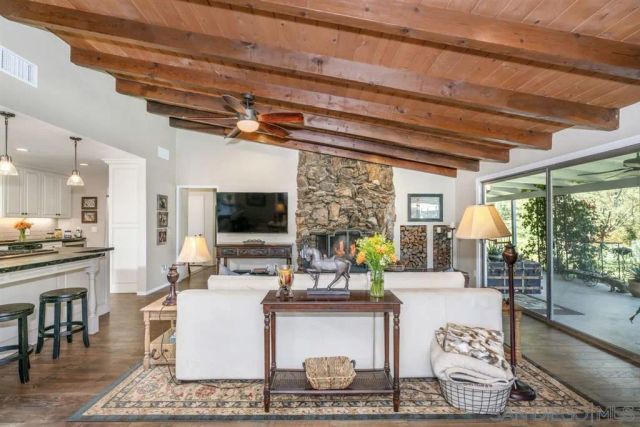 a living room with fireplace furniture and a flat screen tv