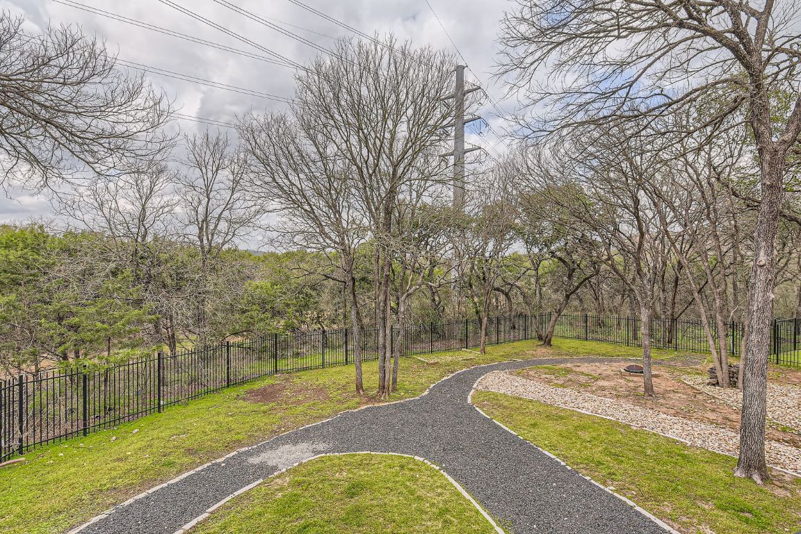 a view of a park with large trees