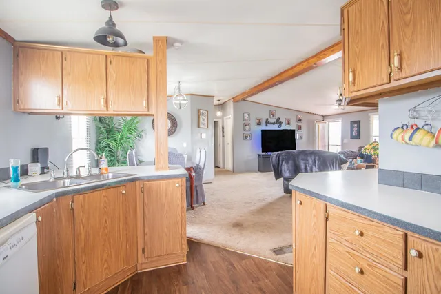 a kitchen with a sink appliances cabinets and a counter top space