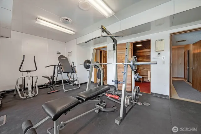 a view of a room with gym equipment