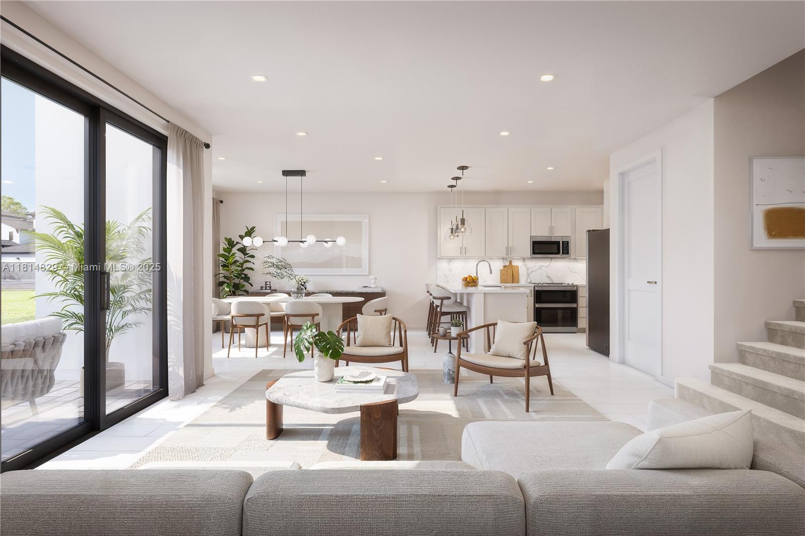 a living room with furniture kitchen and a large window