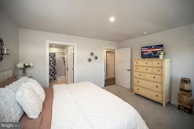 a bedroom with a large bed and a potted plant