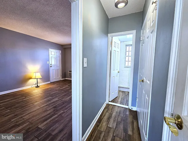 a view of a hallway with wooden floor