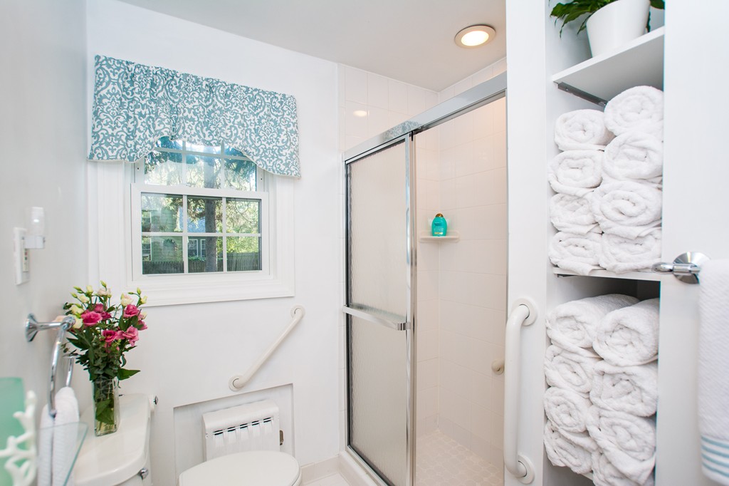 24 Murray Road Newton, MA 02465 - Photo 7 of 30 a bathroom with a shower curtain and a potted plant