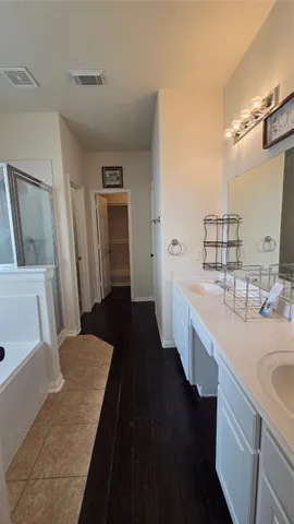 a bathroom with a sink a mirror and a bathtub