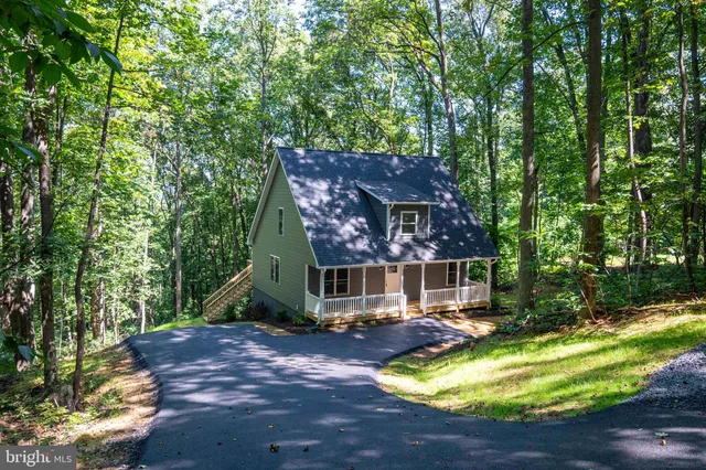 a view of swimming pool with lawn chairs and large trees