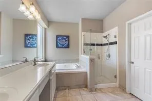a bathroom with a tub a sink and a shower