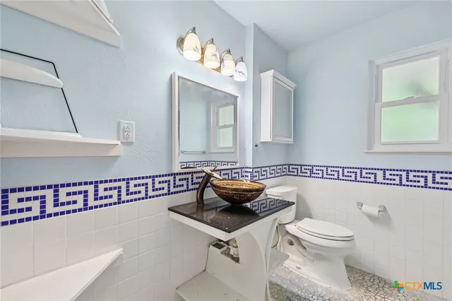 a bathroom with a sink a toilet and a mirror