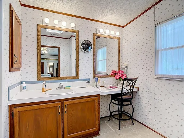a bathroom with a sink vanity and a mirror