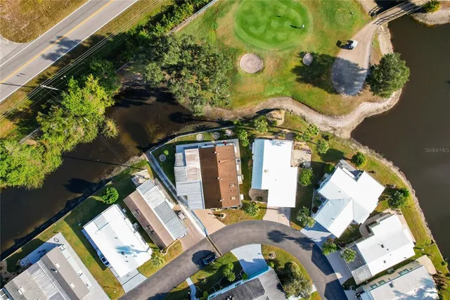 an aerial view of a house with a yard and potted plants