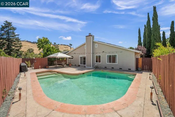 a view of a house with swimming pool and a yard