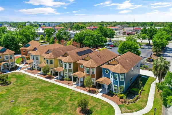 an aerial view of residential houses with outdoor space and street view