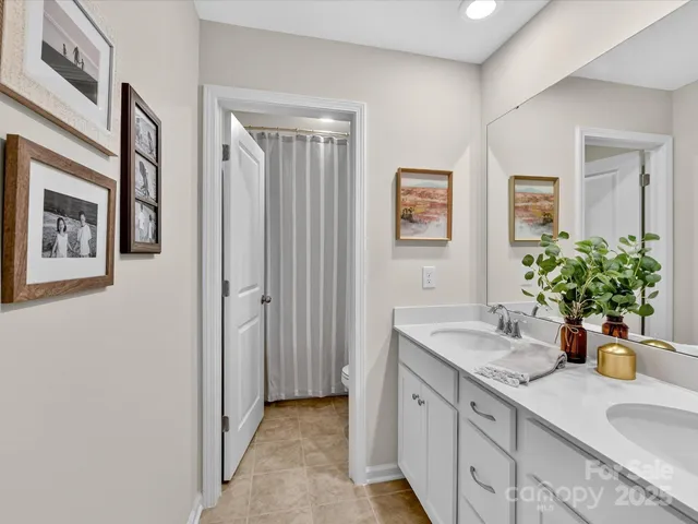 a bathroom with a granite countertop sink a potted plant and a shower