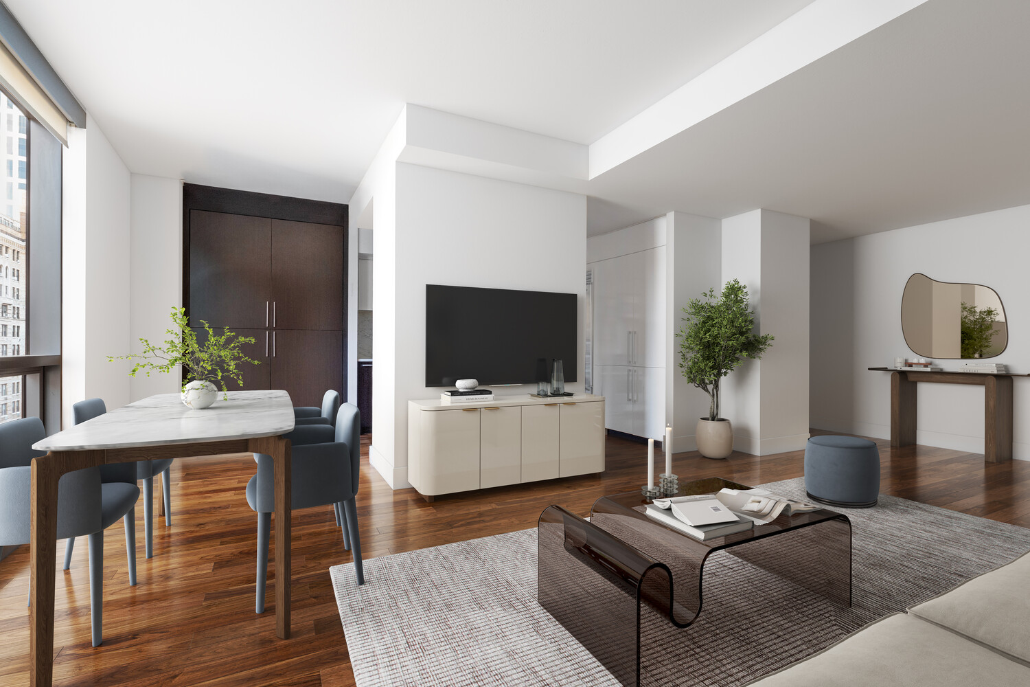 300 East 79th Street, Unit 10C Manhattan, NY 10075 - Photo 2 of 9 a living room with furniture and a flat screen tv