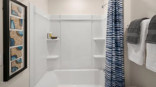 a bathroom with a bathtub and shower