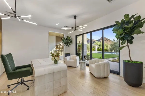 a living room with furniture and a potted plant
