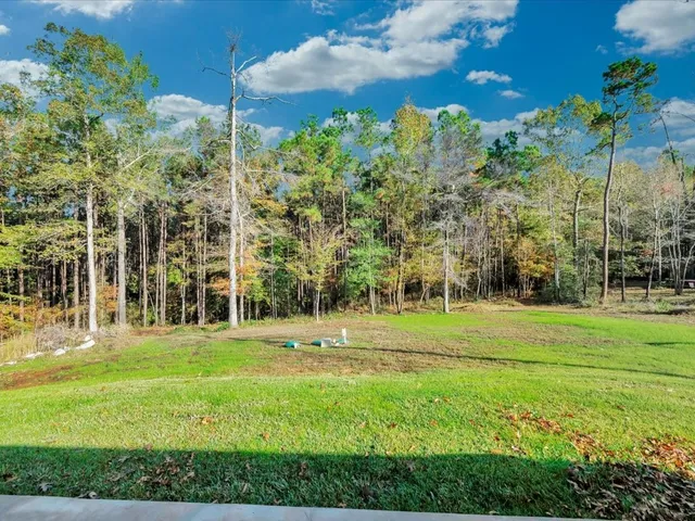 a backyard of a building and trees in the background