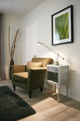 a living room with a couch and a rug