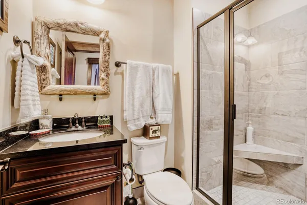a bathroom with a sink a toilet and shower
