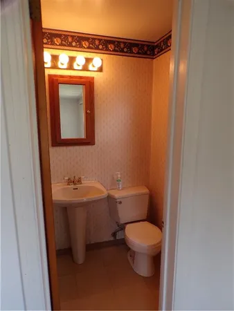 a bathroom with a toilet a sink and mirror