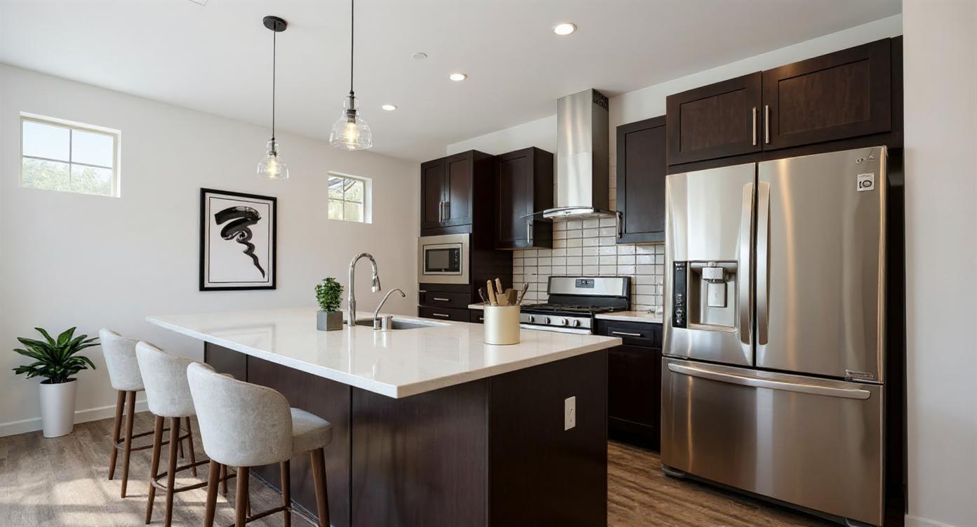 a kitchen with stainless steel appliances granite countertop a refrigerator a sink dishwasher a stove and a refrigerator